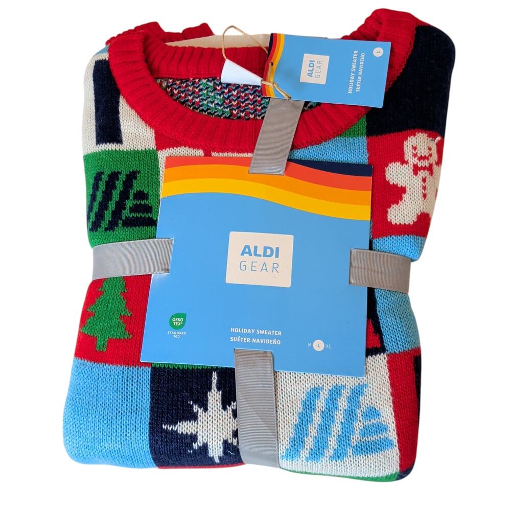 NWT Aldi Gear Men's Sz L Christmas Sweater Patchwork Crewneck Pullover 2024